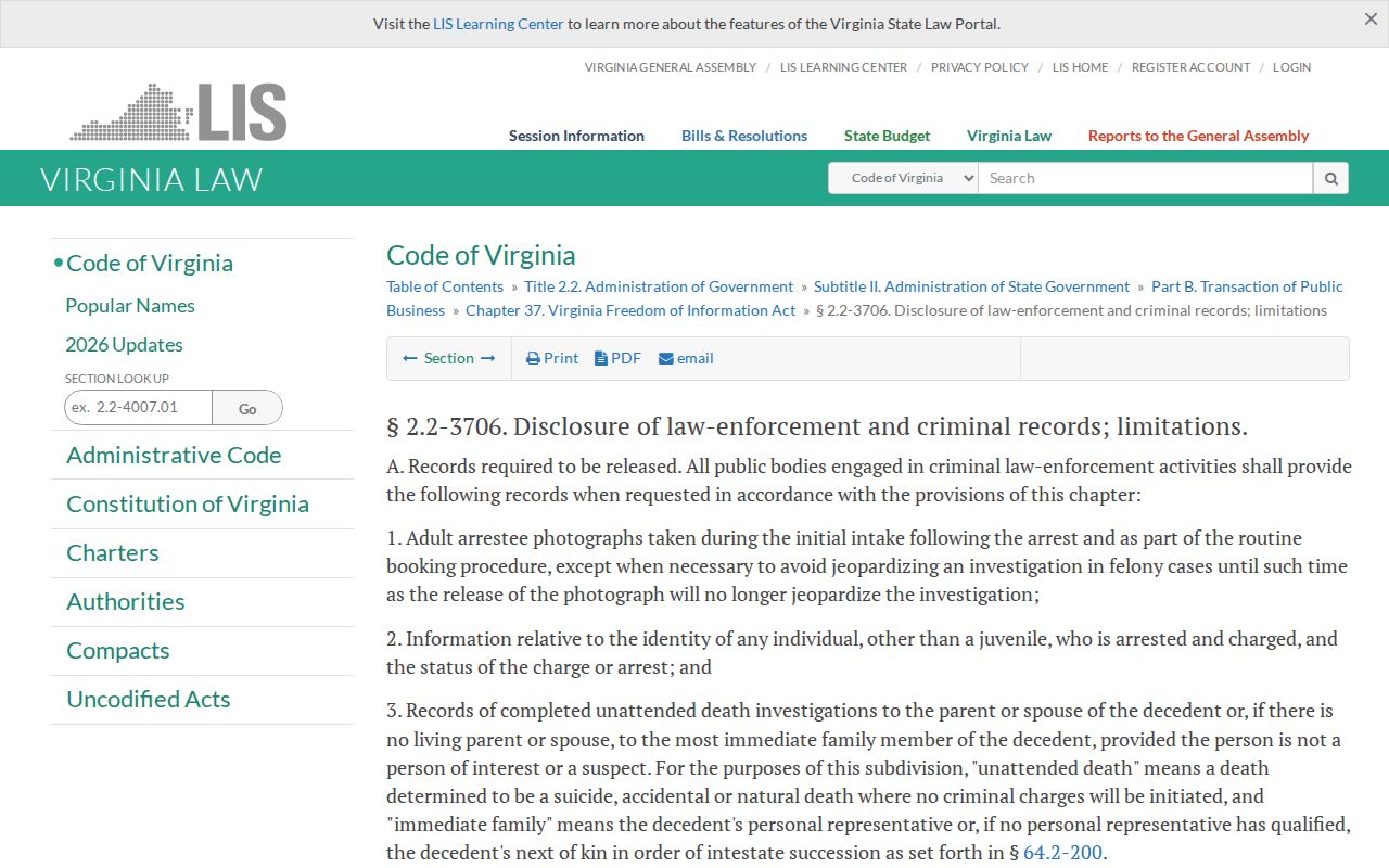 Louisa County adult booking-photo record law source