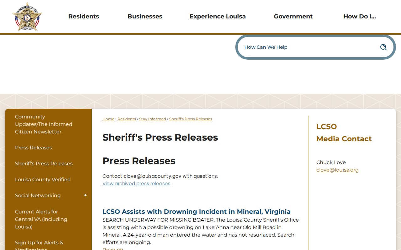 Louisa County official sheriff arrest news and release-record source
