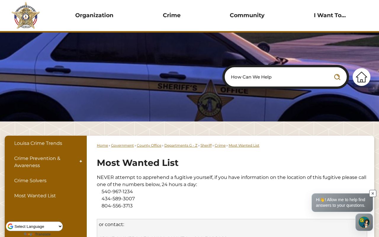 Louisa County official wanted-record list interface